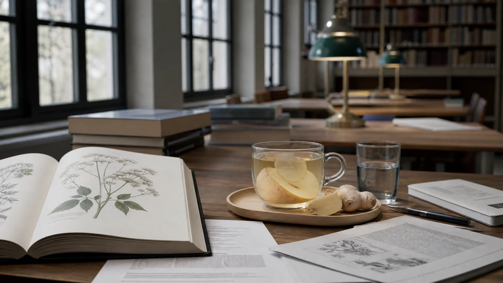 An open botanical book, papers, notebooks, and a cup of lemon and ginger tea sit on a wooden library table.