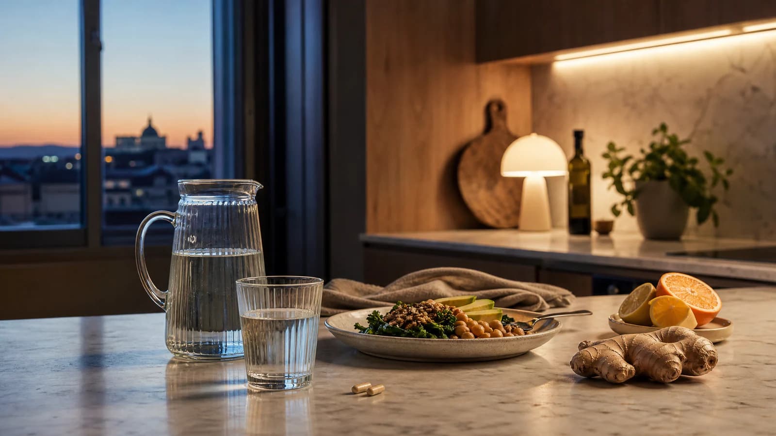 Ginger, citrus, water and supplement capsules arranged as part of a balanced evening routine