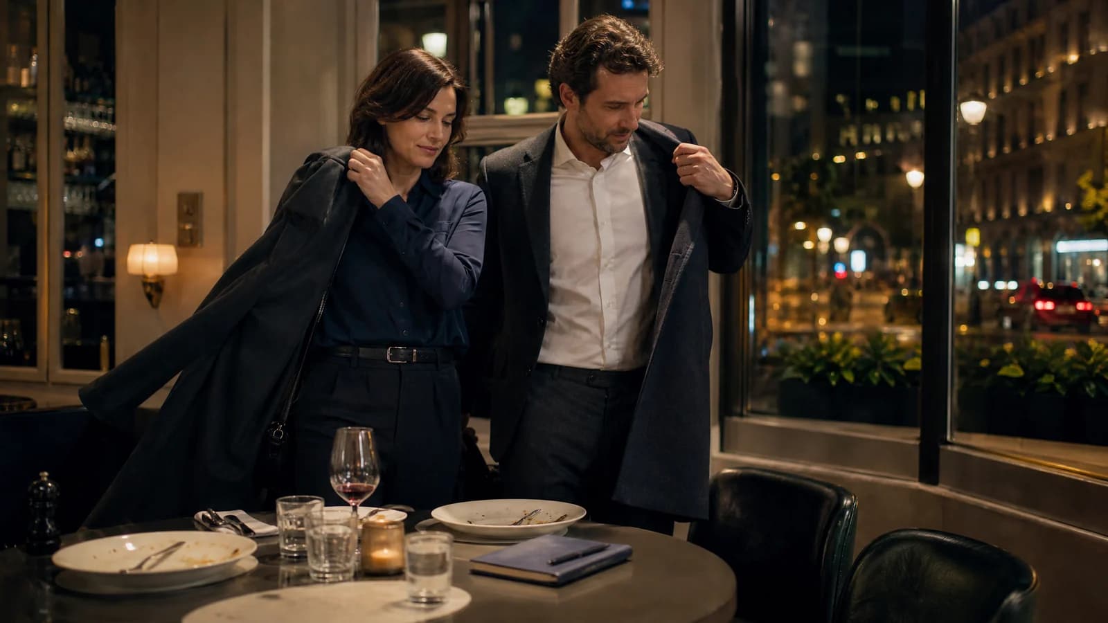A woman and man put on dark coats beside a restaurant table set with plates, glasses and a candle, with city lights outside.