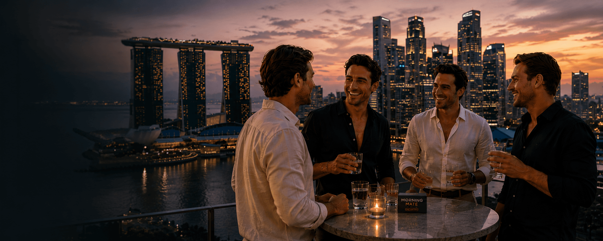 Morning Mate bottle in front of the Singapore skyline at night