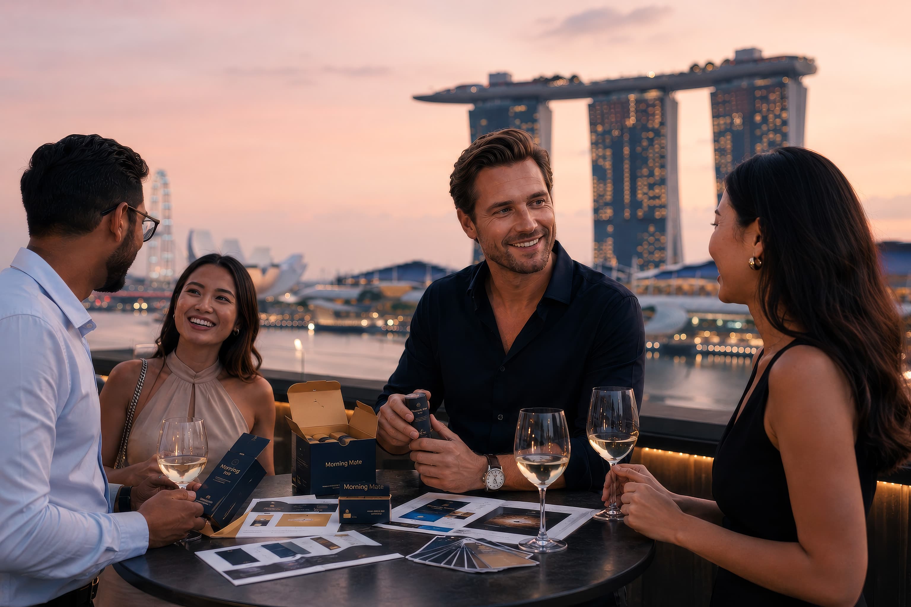 Four people discussing Morning Mate branding with Marina Bay Sands behind them