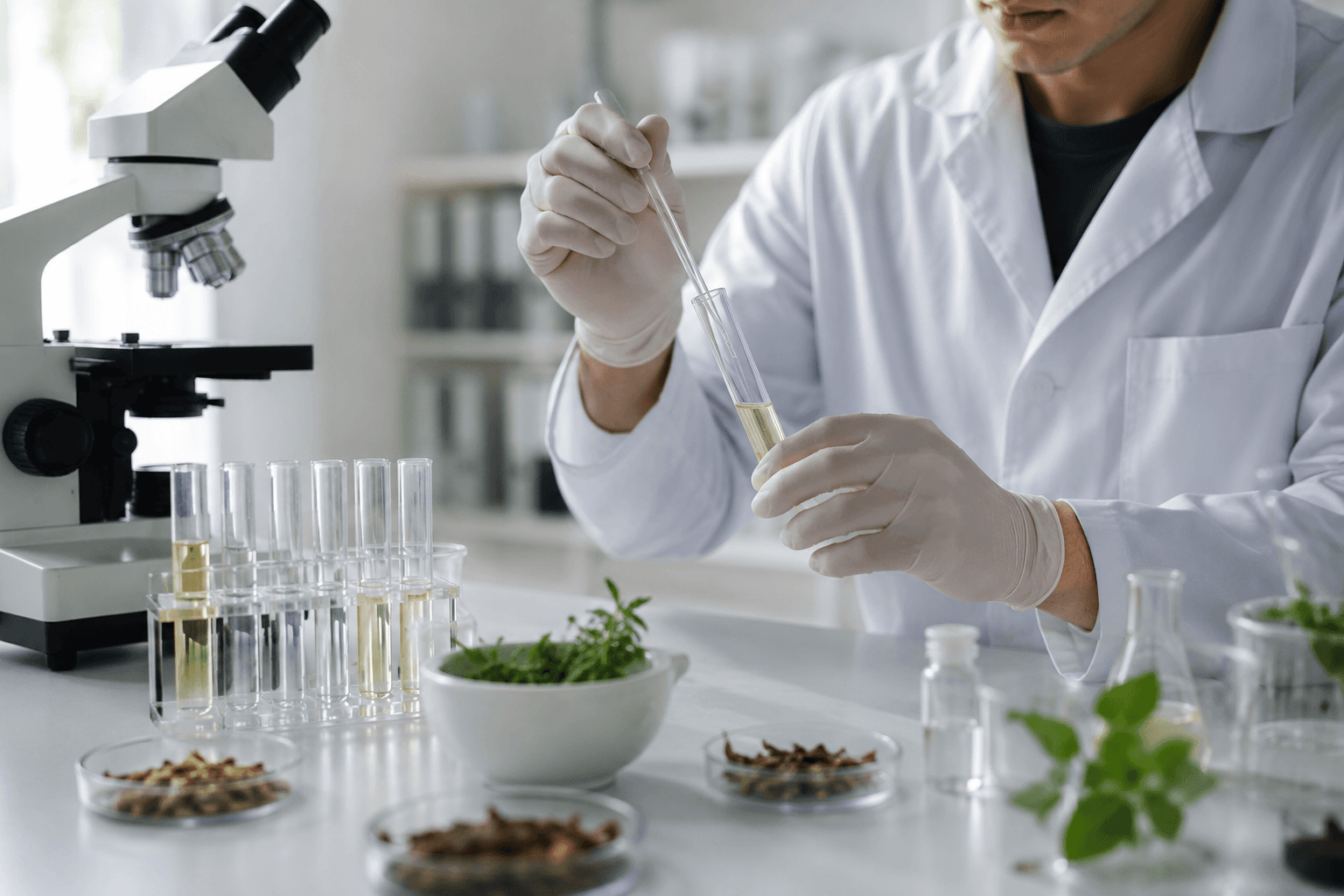 Scientist testing a botanical formulation in a laboratory
